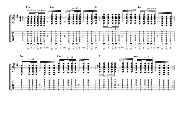 Again, pay close attention to the strumming notation and try your best to keep your hand relaxed.  Make sure your timing stays even when executing the hits.